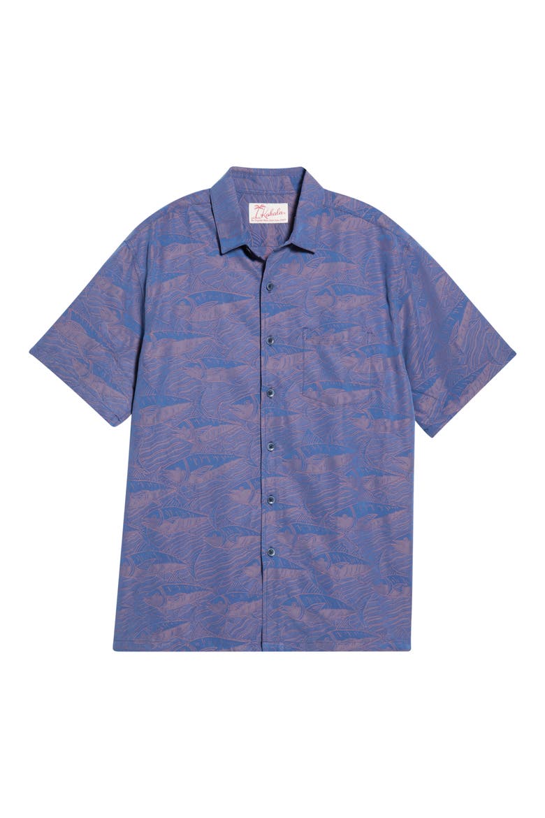 Ahi Run Jacquard Short Sleeve Button-Up Shirt, Main, color, NAVY