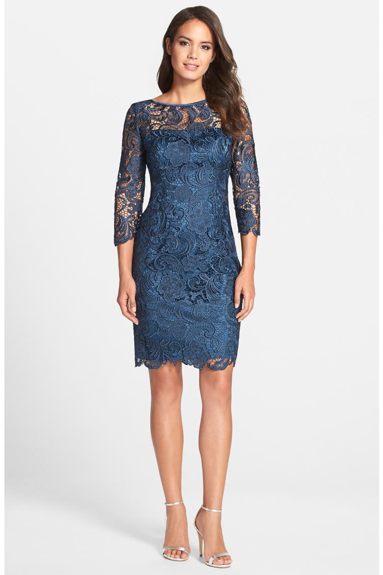 Illusion Yoke Guipure Lace Sheath Dress, Alternate, color, DEEP BLUE