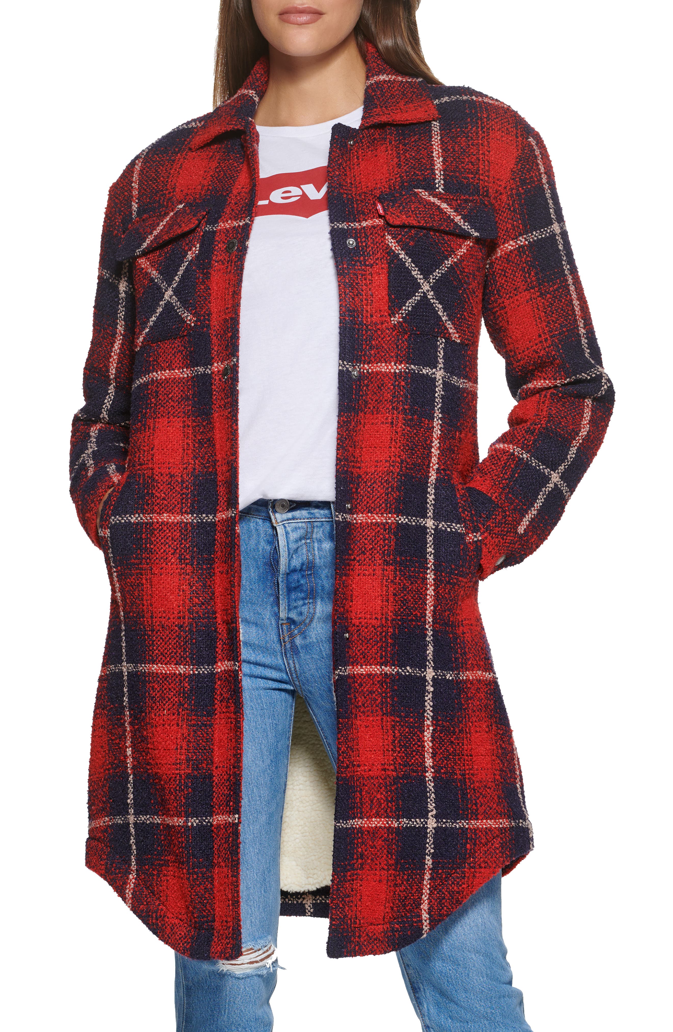 Levi's Plaid Faux Shearling Lined Long Shirt Jacket