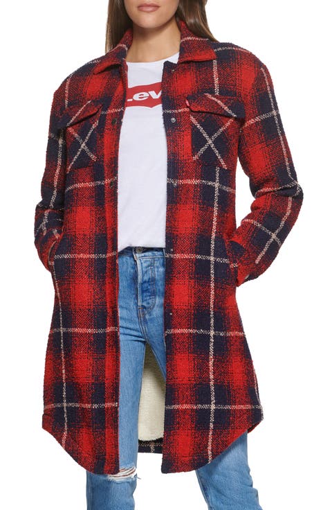 Plaid Faux Shearling Lined Long Shirt Jacket