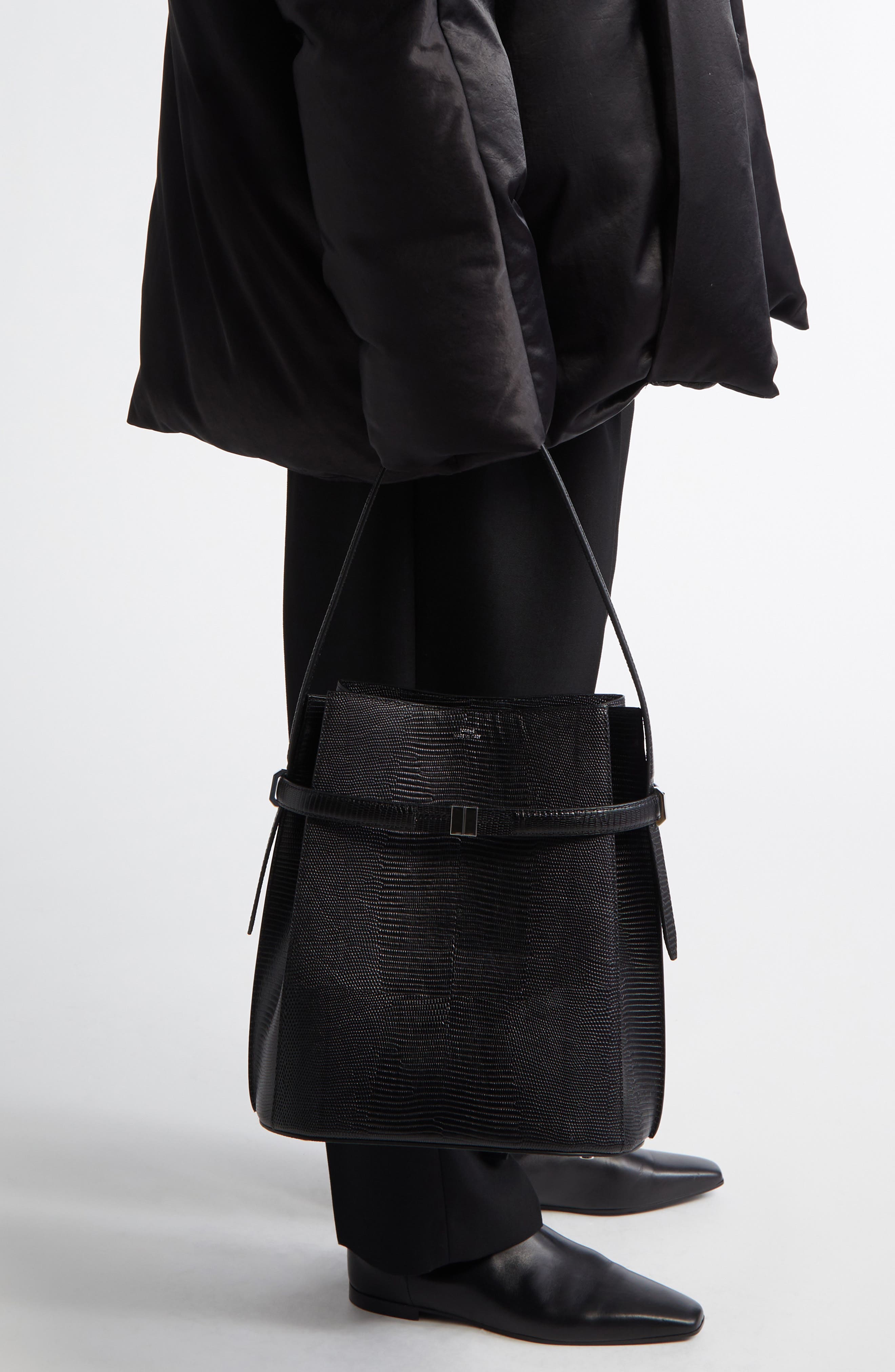 TOTEME Belted Lizard Embossed Leather Bucket Shoulder Bag, Alternate, color, 