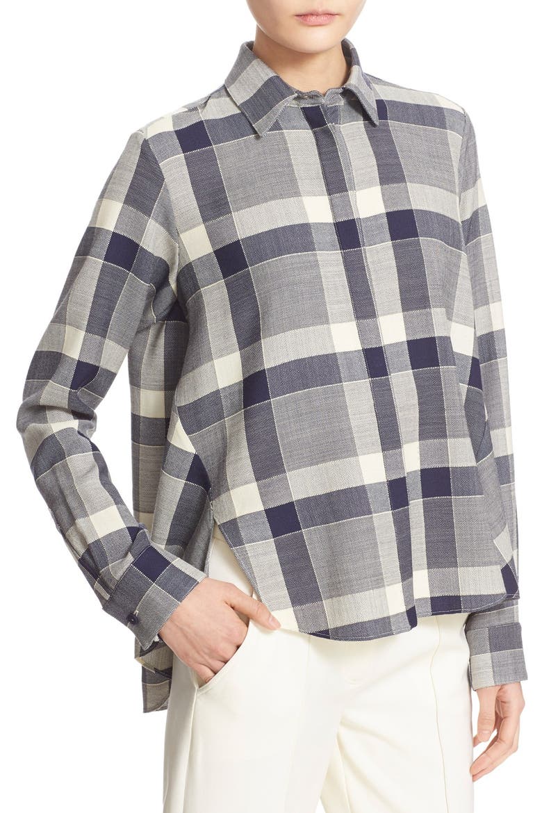 Plaid Wool Trapeze Shirt, Alternate, color, NAVY/ IVORY