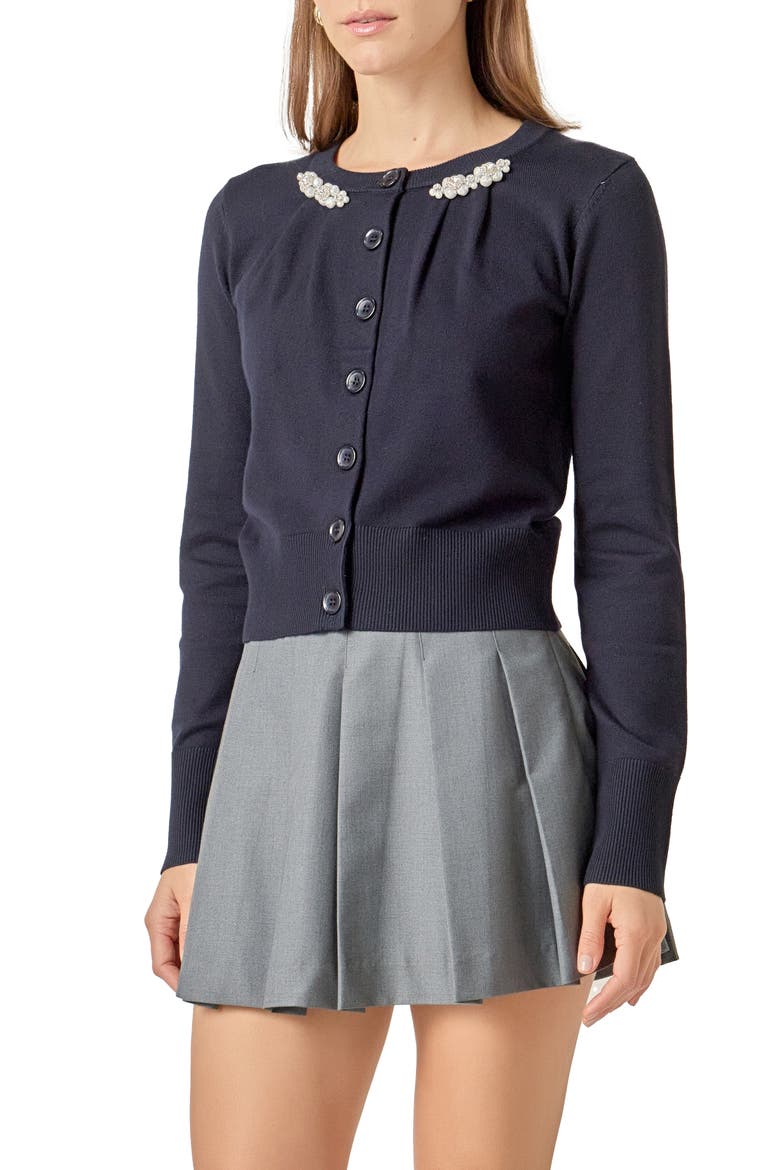 Pearly Bead & Rhinestone Cardigan, Alternate, color, NAVY