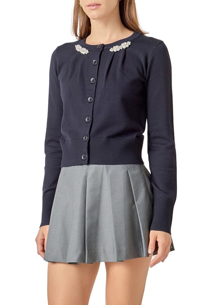 English Factory Pearly Bead & Rhinestone Cardigan, Alternate, color, Navy