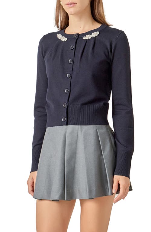 English Factory Pearly Bead & Rhinestone Cardigan In Blue