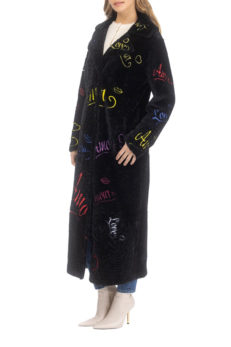 Genuine Shearling Embroidered "Love" Coat, Alternate, color, BLACK MULTI