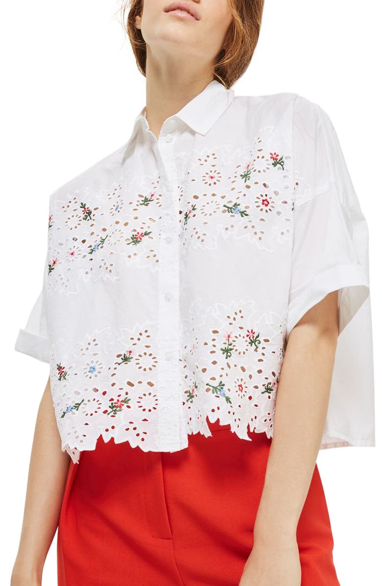 Topshop Kady Embroidered Eyelet Shirt, Main, color, 