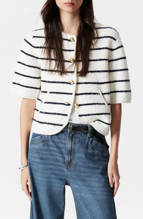 Stripe Short Sleeve Cotton & Wool Blend Cardigan