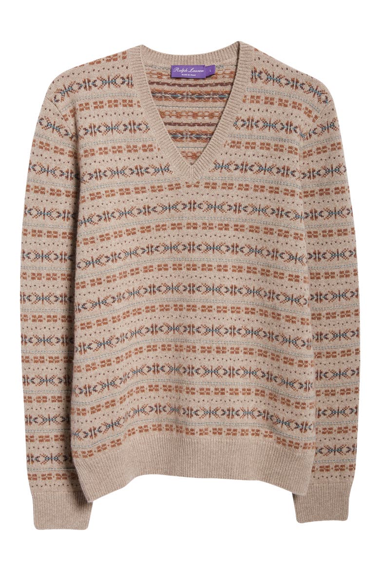 Fair Isle Cashmere V-Neck Sweater, Alternate, color, TAUPE MULTI