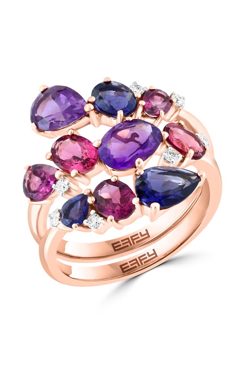 14K Rose Gold Multi-Gemstone Diamond Cluster Ring, Main, color, 14K Gold