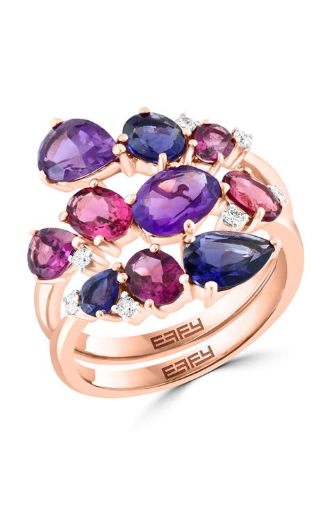 14K Rose Gold Multi-Gemstone Diamond Cluster Ring