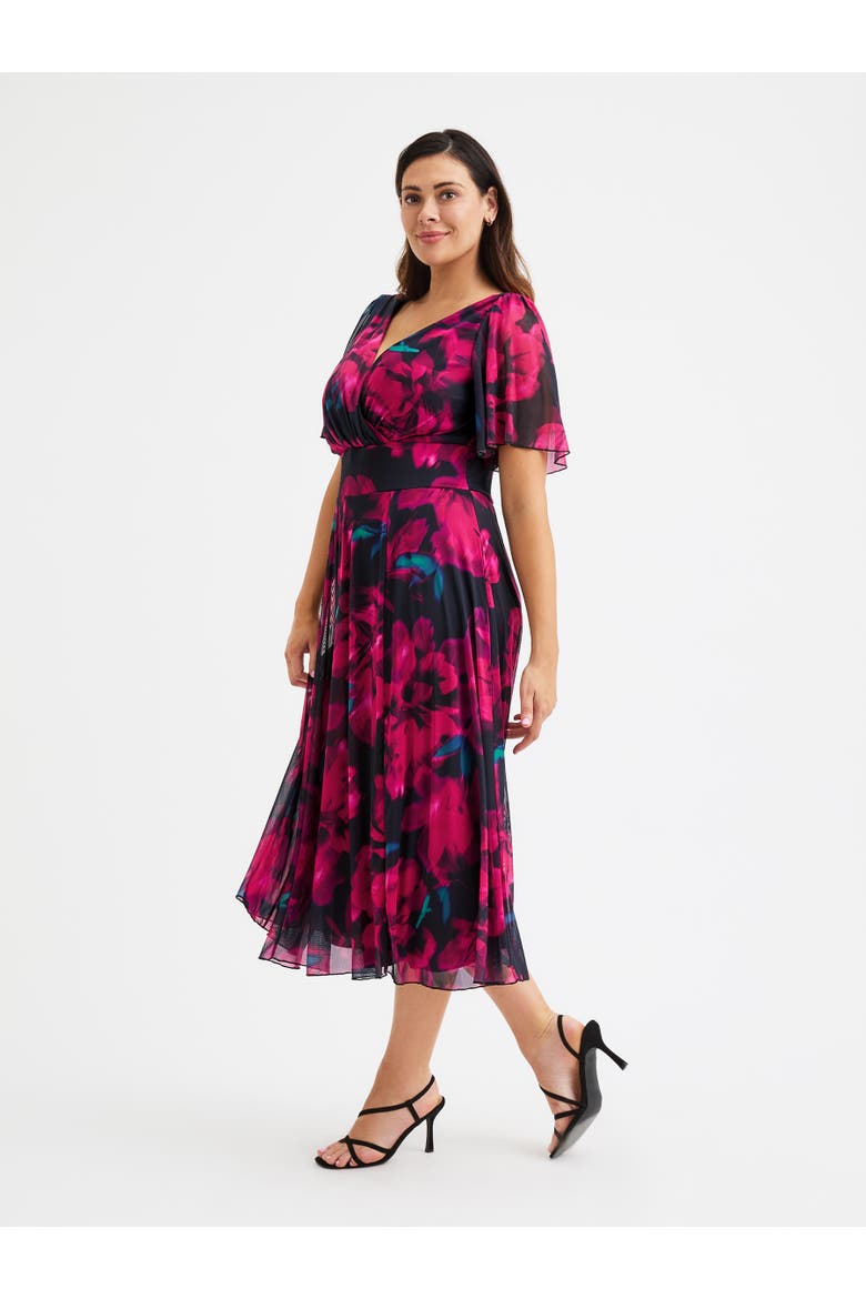 Victoria Floral Angel Sleeve Midi Dress, Alternate, color, Black Lipstick Rose