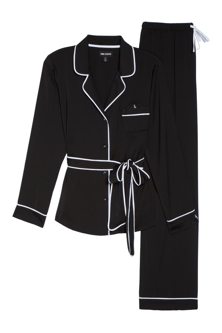 Belted Satin Pajamas (Nordstrom Exclusive), Alternate, color, BLACK
