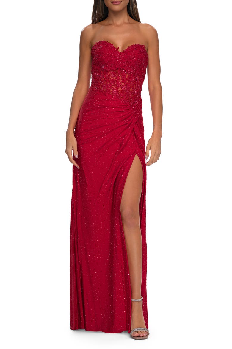 Sheer Lace Applique Bodice Dress with Jersey Skirt, Main, color, Red