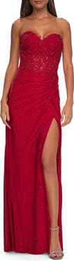 La Femme Sheer Lace Applique Bodice Dress with Jersey Skirt