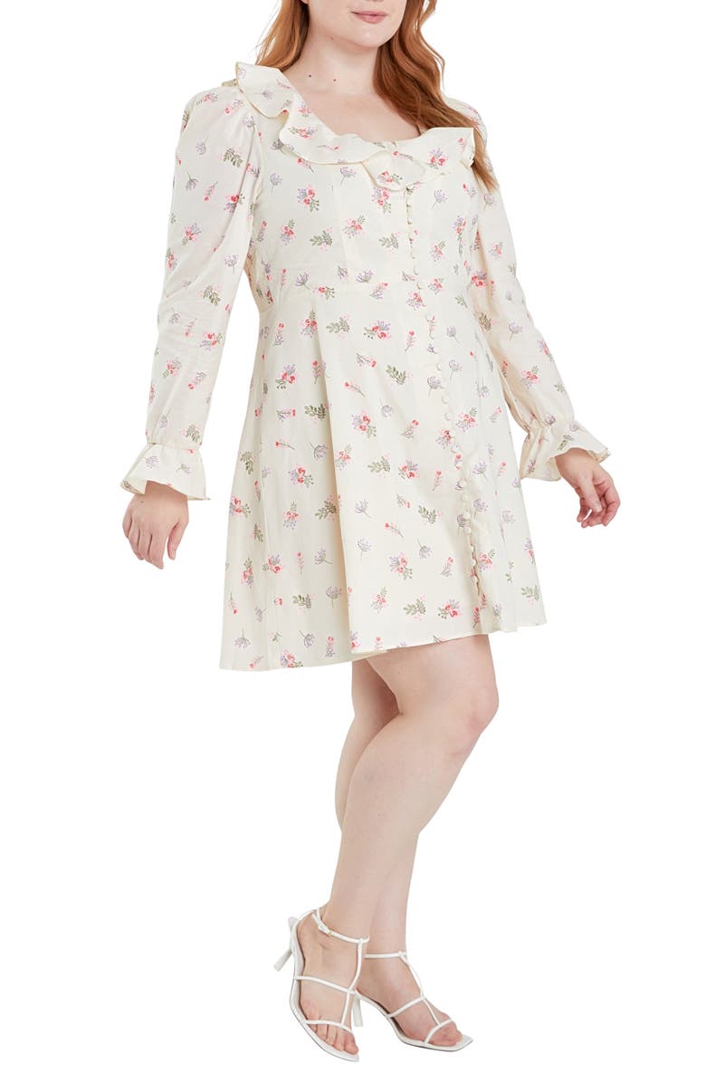 English Factory Floral Ruffle Long Sleeve Cotton Dress, Alternate, color, Ivory