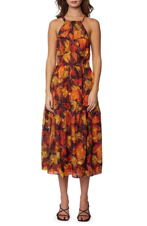 Lost + Wander Surreal Metallic Floral Midi Dress in Orange-Multi