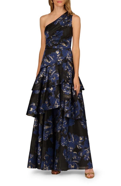 Aidan Mattox Metallic Floral Jacquard One-shoulder Gown In Blue