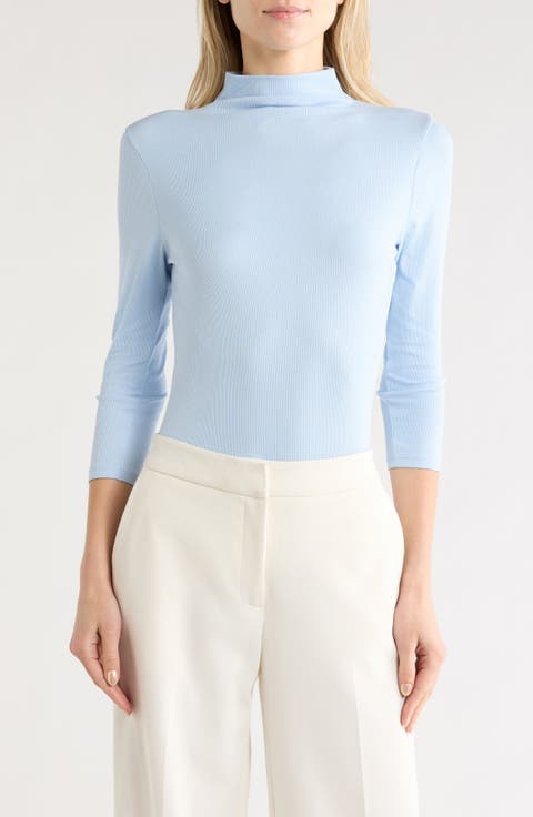 Three-Quarter Sleeve Stretch Pima Cotton Mock Neck T-Shirt
