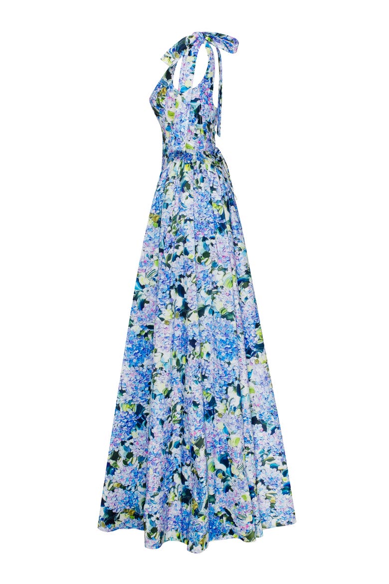A-Line Corset Taffeta Maxi Gown in Blue Hydrangea Print for Formal Occasions, Alternate, color, Blue Hydrangea