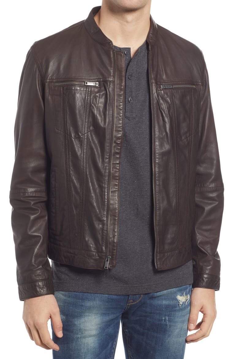 Band Collar Leather Jacket, Main, color, CHOCOLATE