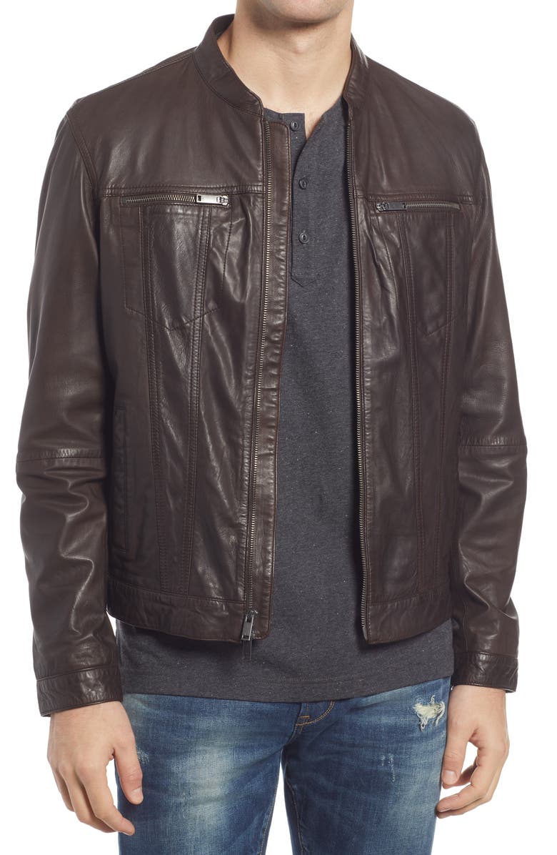 John Varvatos Band Collar Leather Jacket, Main, color, Chocolate