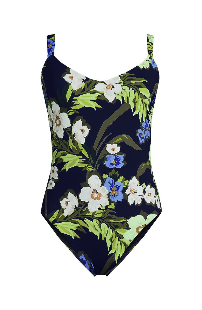 Lands' End V-Neck High Leg Strappy Back One Piece, Alternate, color, Deep Sea/Blue Floral Tropic