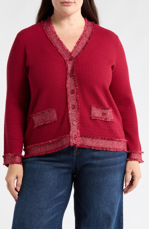 Fray Trim Waffle Knit Cardigan (Plus)