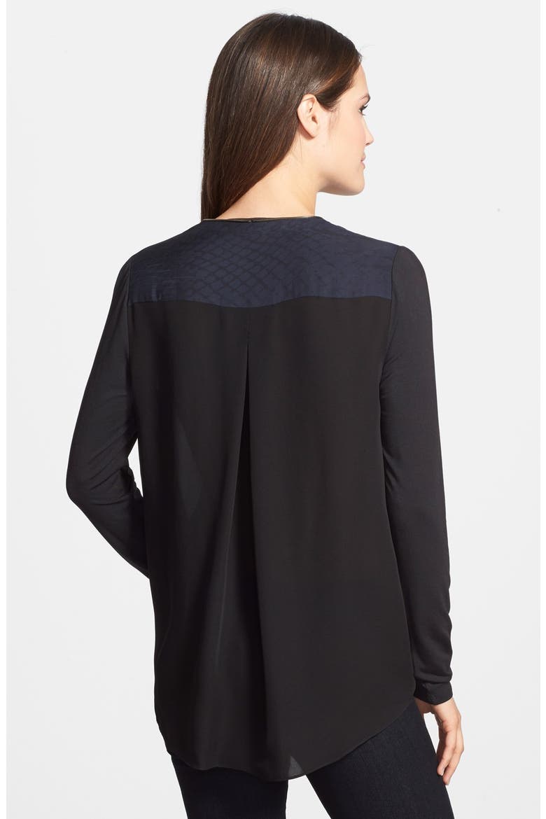 'Austen' Zip Front Mixed Media Blouse, Alternate, color, NAVY