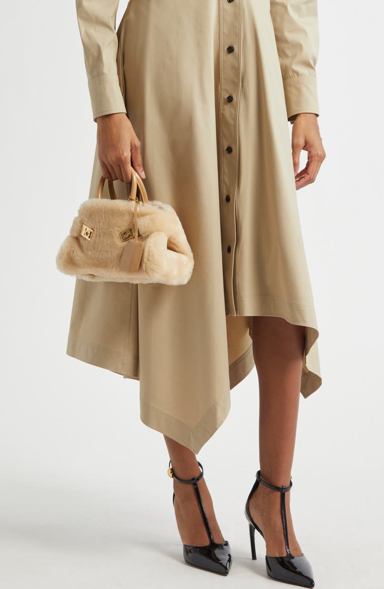 FERRAGAMO Mini Hug Genuine Shearling Top Handle Bag, Alternate, color, Naturale/ Camel