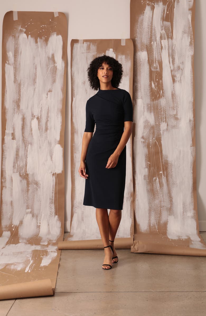 Maggy London Asymmetric Neck Sheath Midi Dress, Alternate, color, Twilight Navy Mno