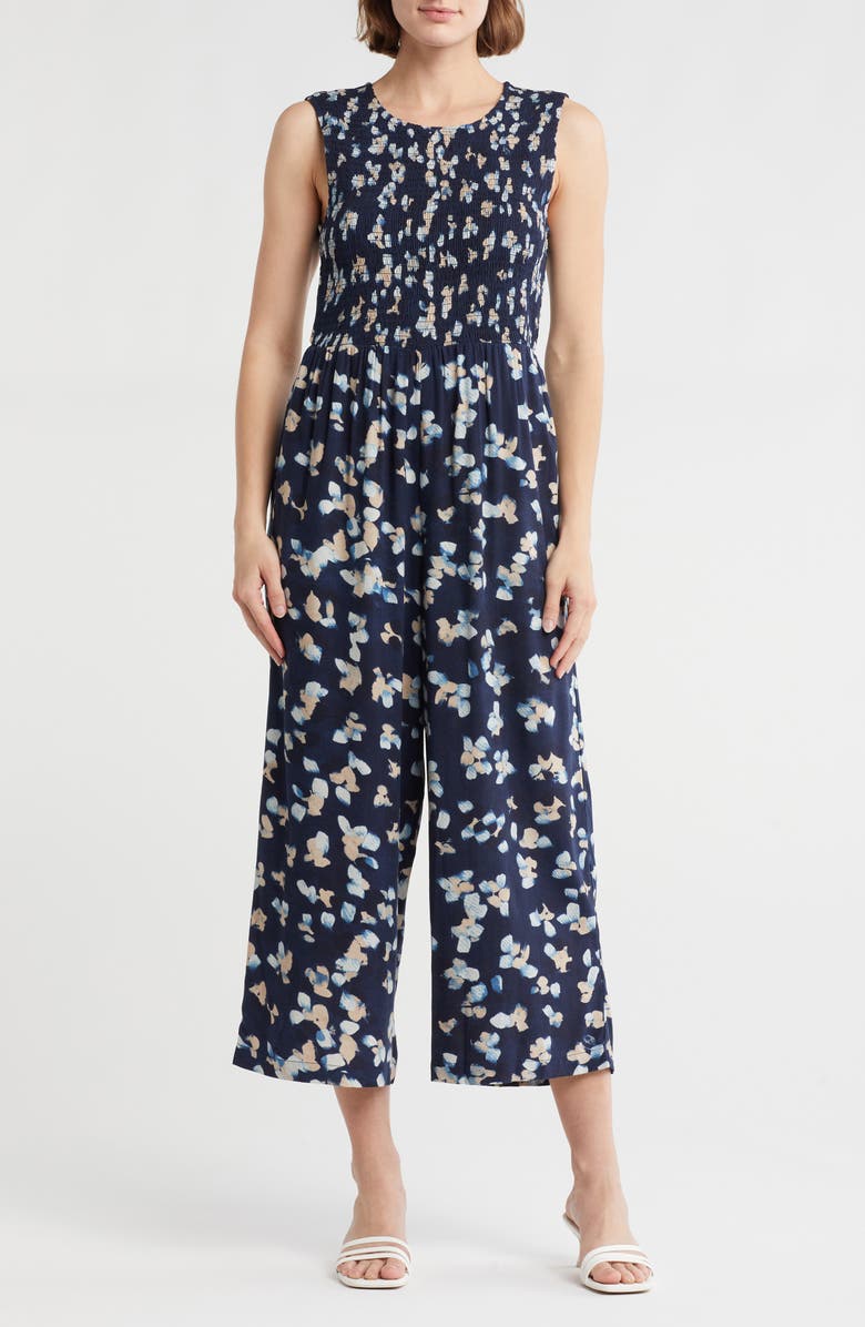 Calvin Klein Ditsy Floral Smocked Jumpsuit, Main, color, Indigo Multi