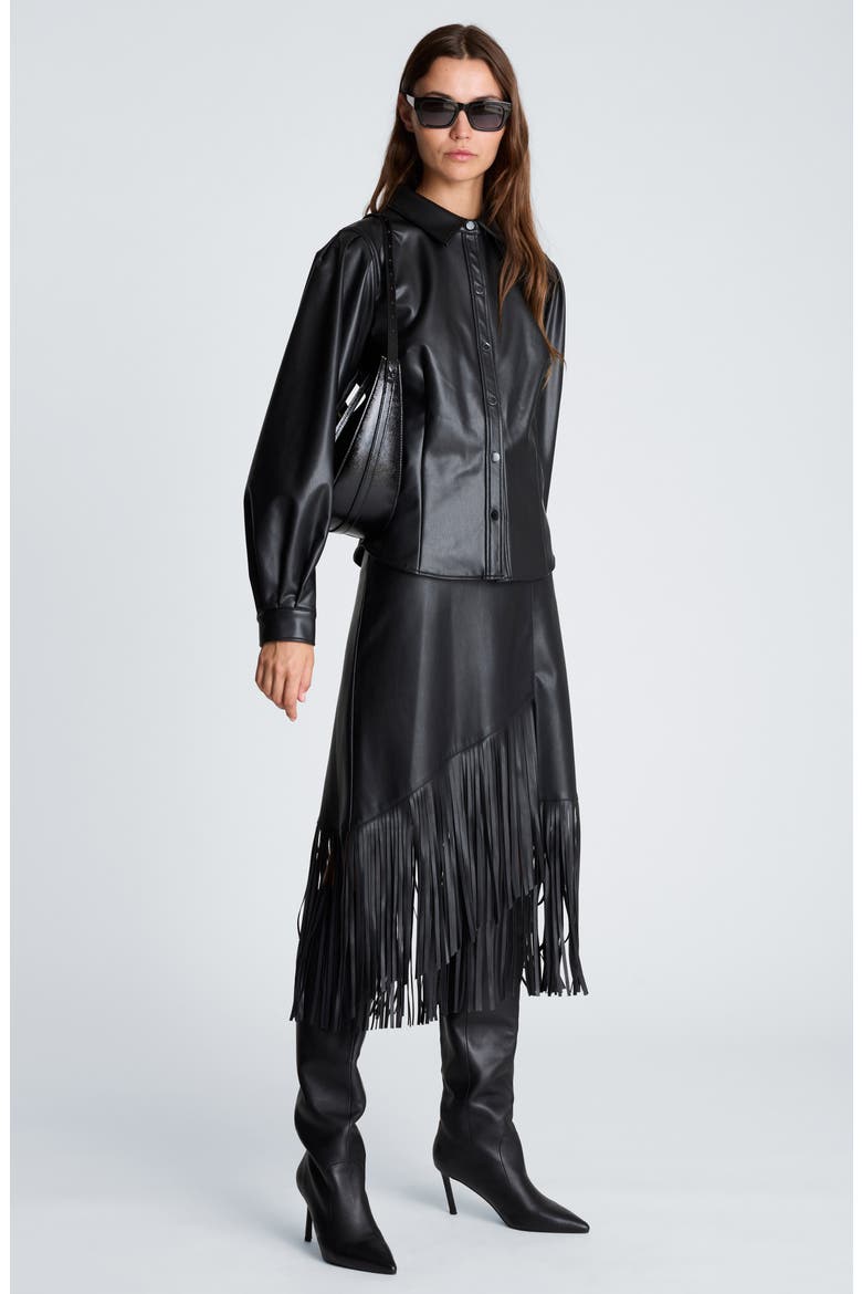 Pleated Faux Leather Snap Front Top, Alternate, color, BLACK