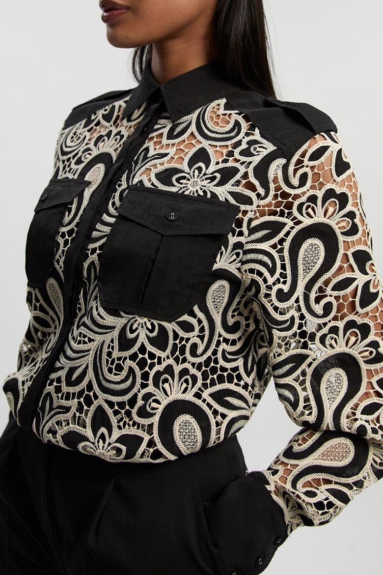 Cutwork Detail Long Sleeve Shirt, Alternate, color, Mono