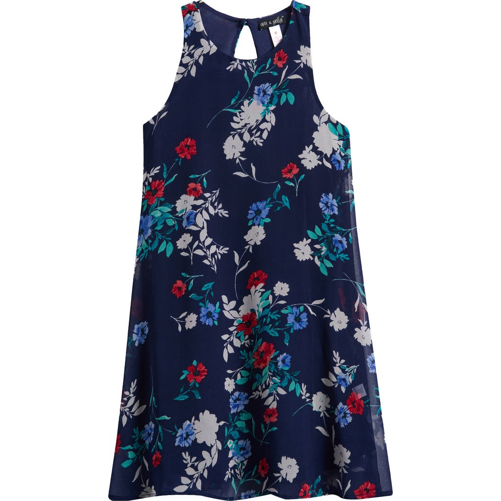 Shop Ava & Yelly Kids' Ruffle Back Sleeveless Shift Dress In Navy Floral