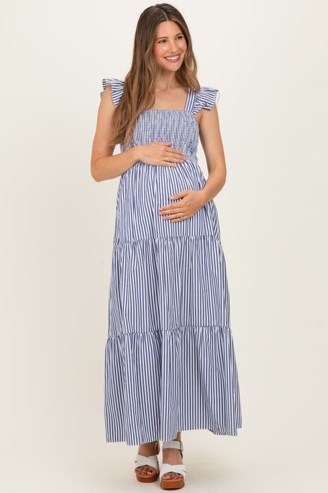 Striped Ruffle Strap Smocked Maxi Dress