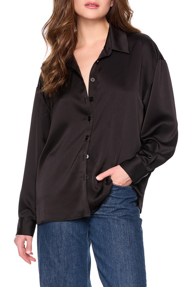 Satin Button Front Shirt, Main, color, BLACK