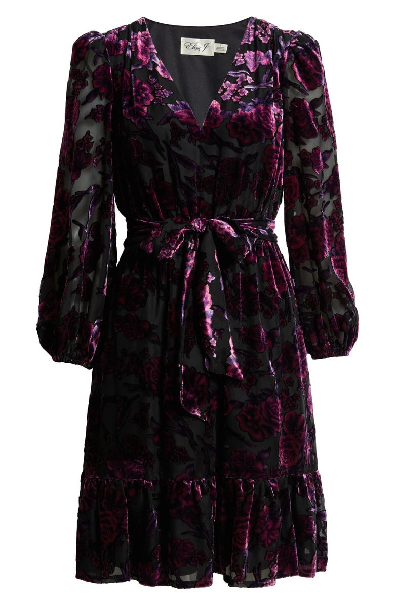 Eliza J Ruffle Floral Burnout Long Sleeve Fit & Flare Cocktail Dress, Alternate, color, Black Wild Berry