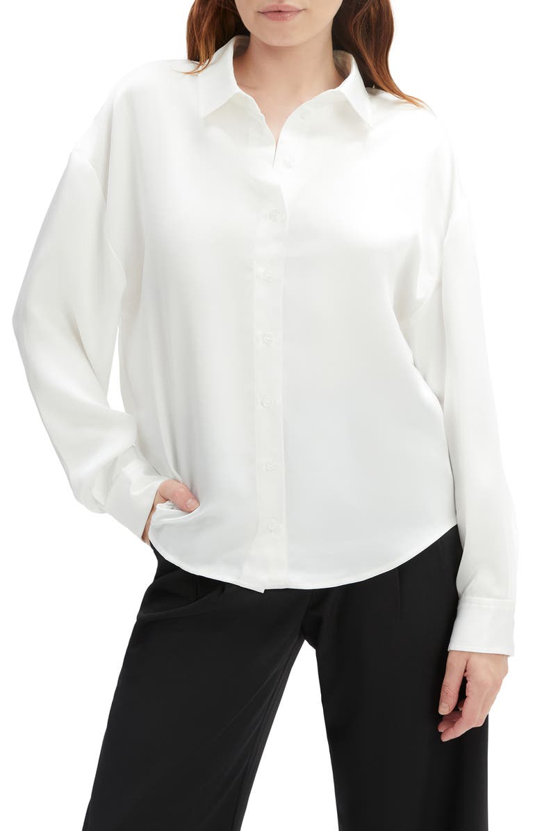 Bardot Luana Oversize Satin Button-Up Shirt, Main, color, Orchid White