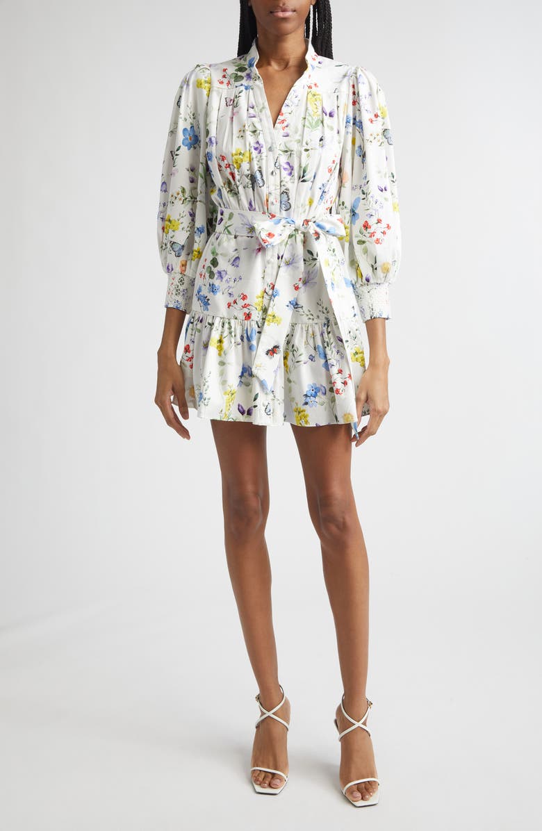 Alice + Olivia Cora Floral Print Mini Shirtdress, Main, color, Twisting Vines Off White