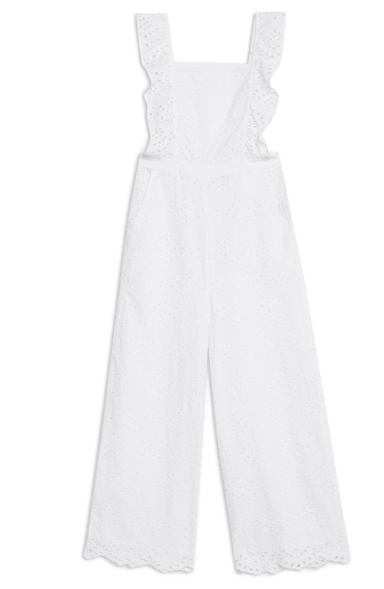 Topshop Embroidered Ruffle Jumpsuit, Alternate, color, 