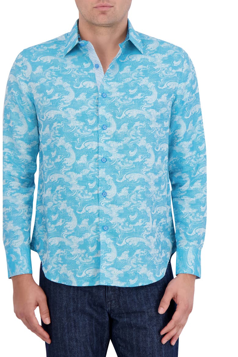 Poseidon Linen & Cotton Jacquard Button-Up Shirt, Main, color, TURQUOISE