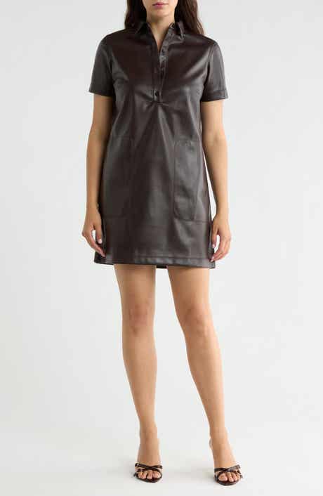 Faux Leather Short Sleeve Shirtdress
