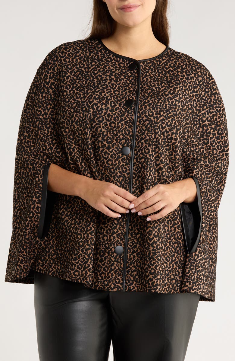 KASPER Leopard Jacquard Cape, Alternate, color, Dark Camel/ Black
