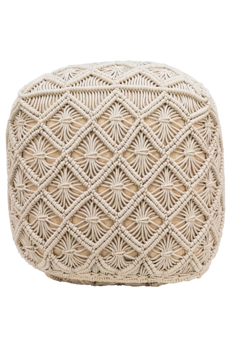 18" Beige Handmade Macrame Natural Cotton Square Pouf Ottoman, Main, color, Ivory