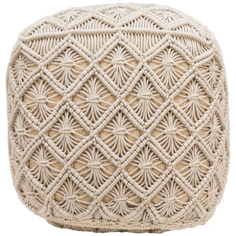 18" Beige Handmade Macrame Natural Cotton Square Pouf Ottoman