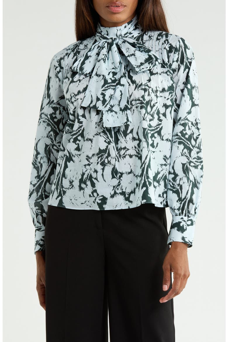 Valentine Tie Neck Cotton Shirt, Main, color, DARK EMERALD FLEUR
