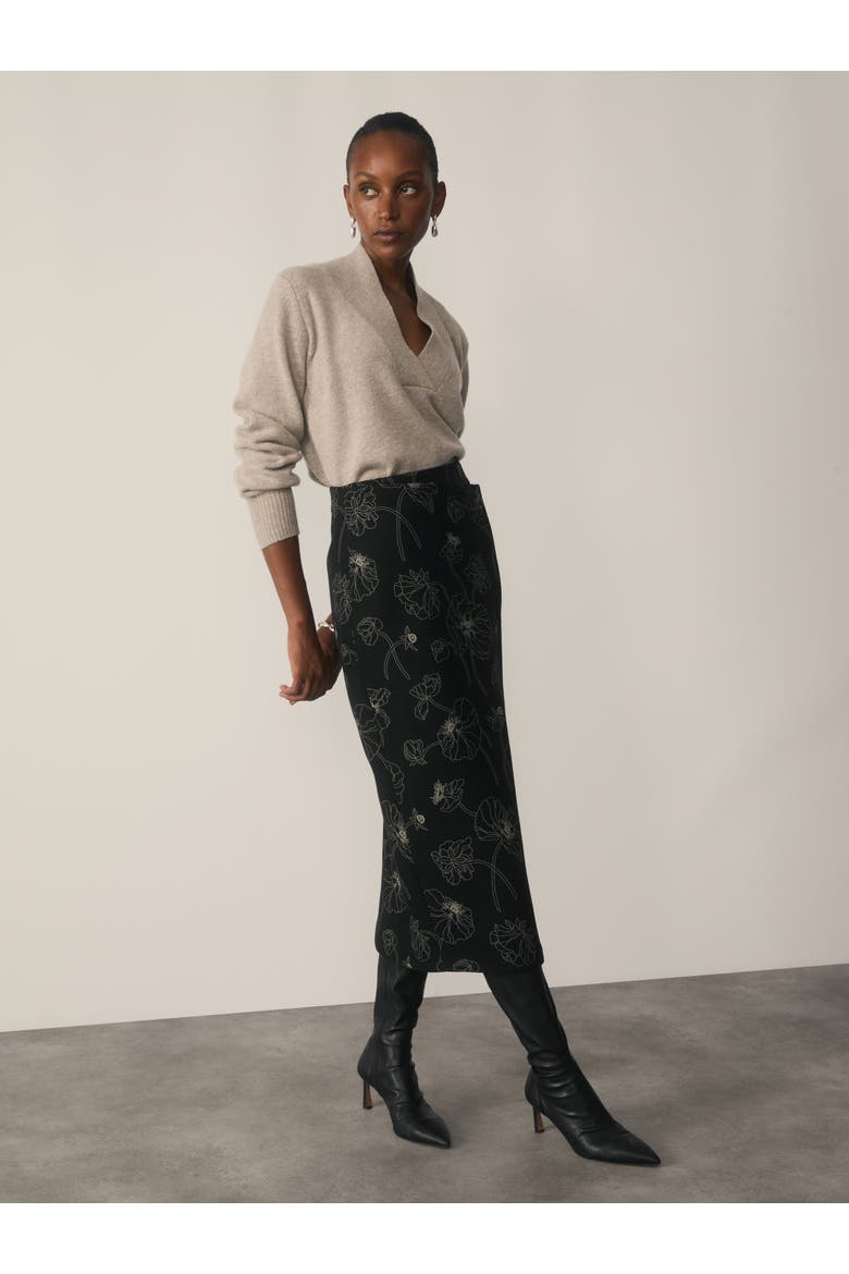 Mid Rise Printed Wool Midi Skirt, Alternate, color, Black