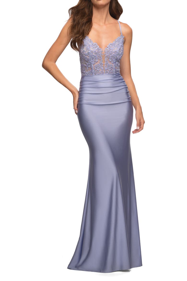 Prom Dress with Beautiful Lace Bodice and Jersey Skirt, Main, color, Light Periwinkle