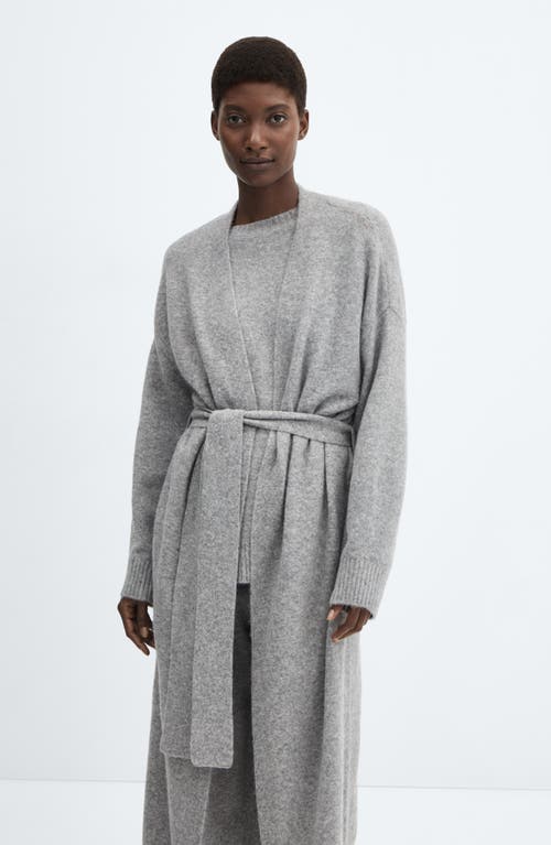 Mango Longline Tie Belt Cardigan In Grey
